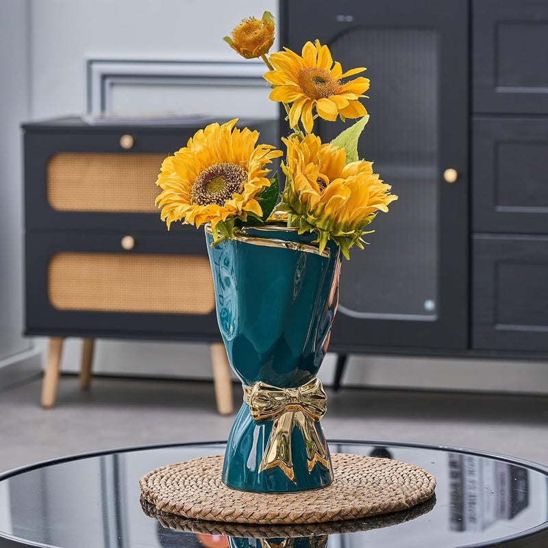 WLGRANJIA Bow Vase for Home Decor, Gold Vase for Boho Style, 9.65 Inch Large Vases for Ideal Table Decor, Living Room. Ceramic Flower Vases. （Glazed Exterior and Interior） (Green, Large) - Image 4